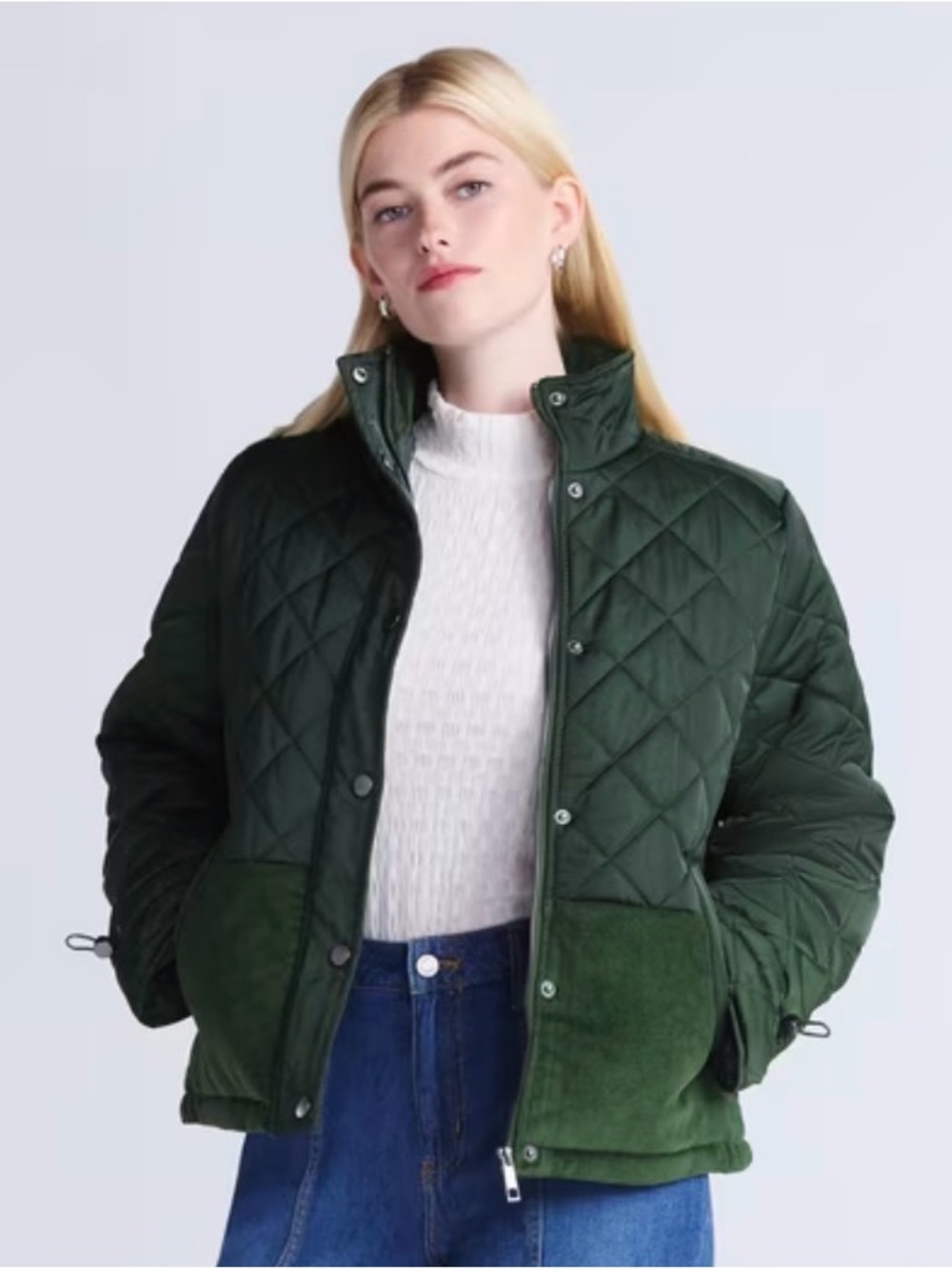 🫶🏻 Time and Tru Quilted Green Women's Jacket Heavy Puffer Corduroy Detail 1X